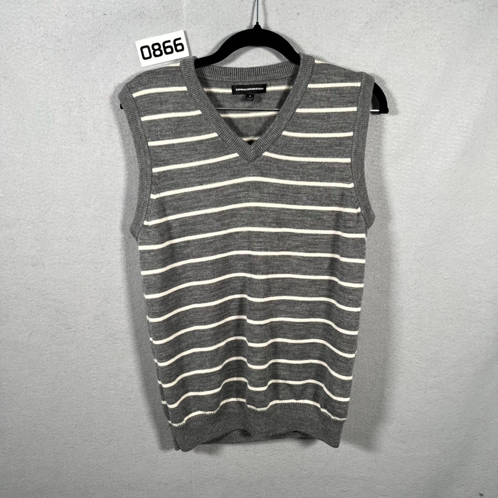 Express Design Studio‎ Sweater Vest Mens S Gray White Striped Tight Knit V Neck